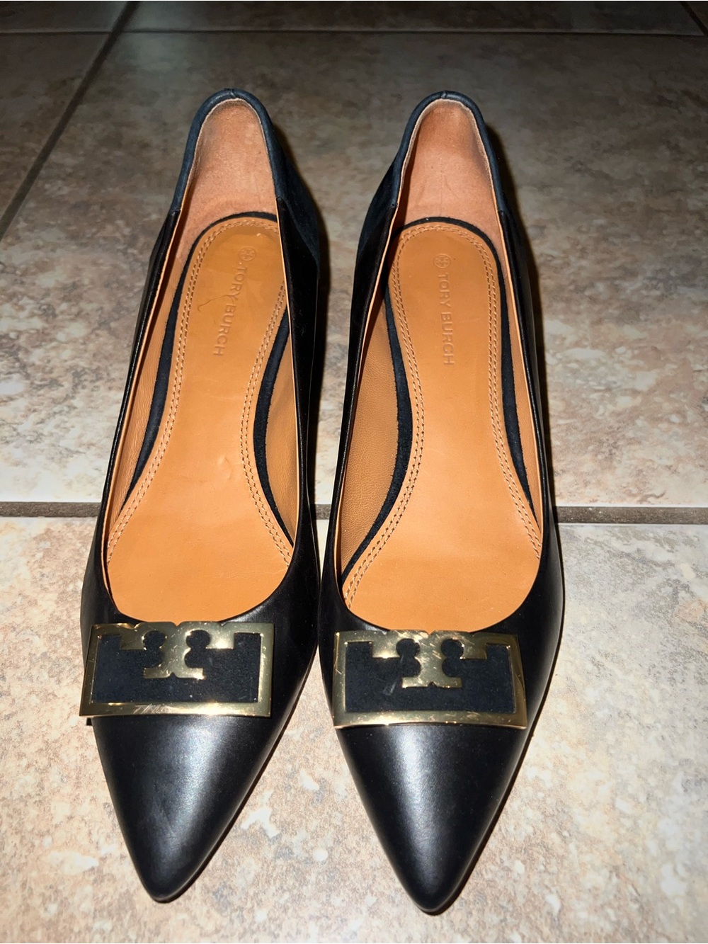 Tory Burch Black Pointed Leather Flats with Gold Logo Plaque